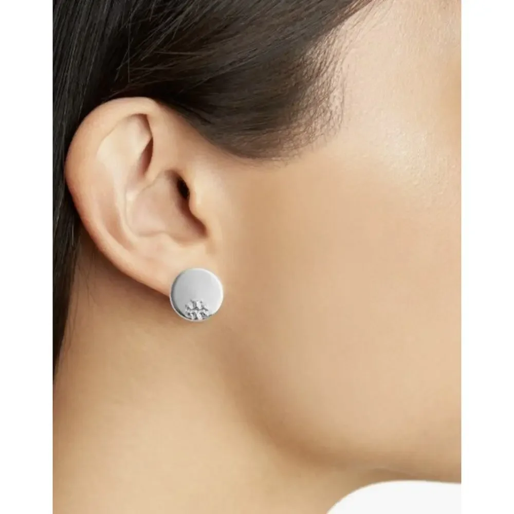 NEW Tory Burch Serif Stripe Disc Stud Earrings Silver Double T Logo - Picture 2 of 5